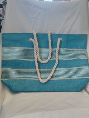 Turquoise Striped Rope-Handle Tote Bag